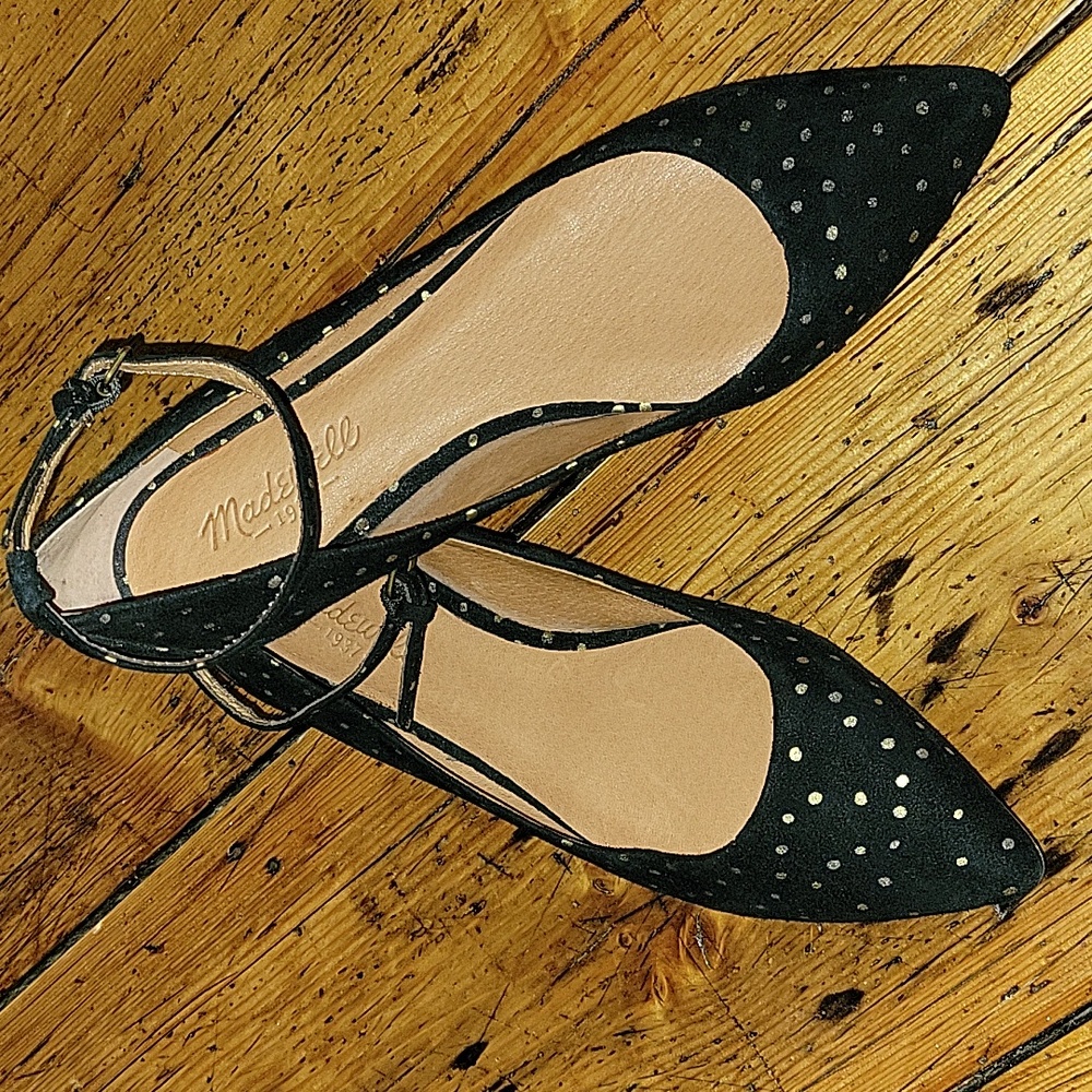 Womans size 7.5 Madewell Black Flats  Ankle Band & Gold Polkadots.